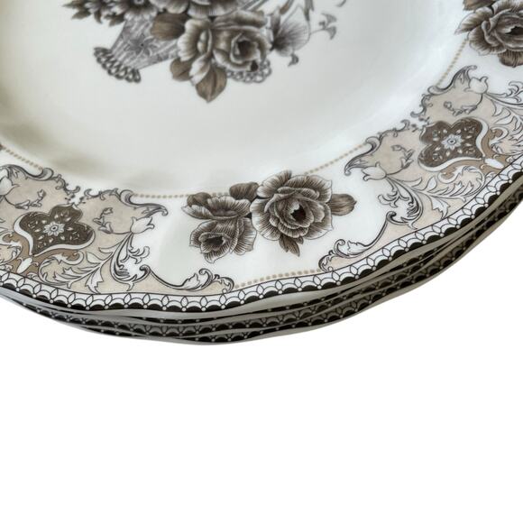 4pc Palate & Plate Victorian BROWN Rose Floral 10.5" Dinner Plates Scalloped New - Picture 14 of 15